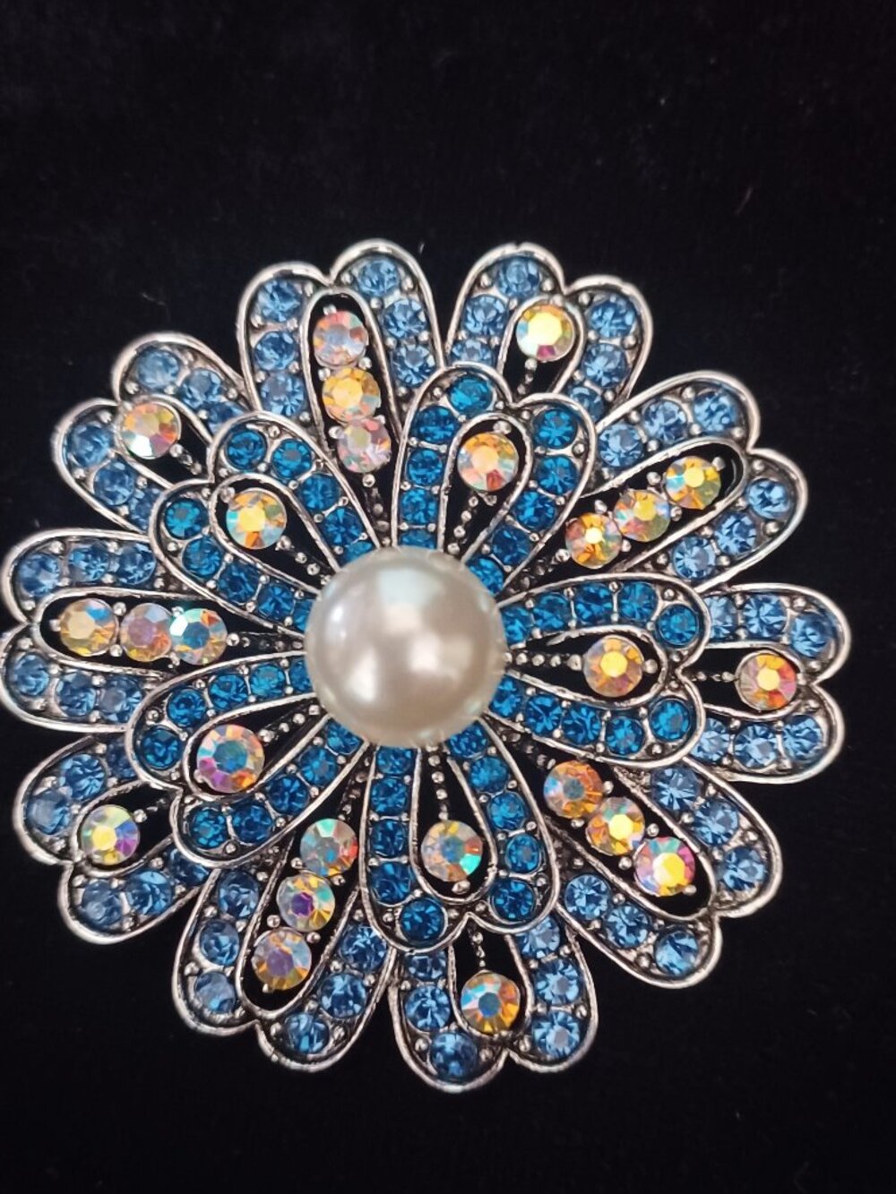 Beautiful Blue Brooch with Aura Borealis Stones
